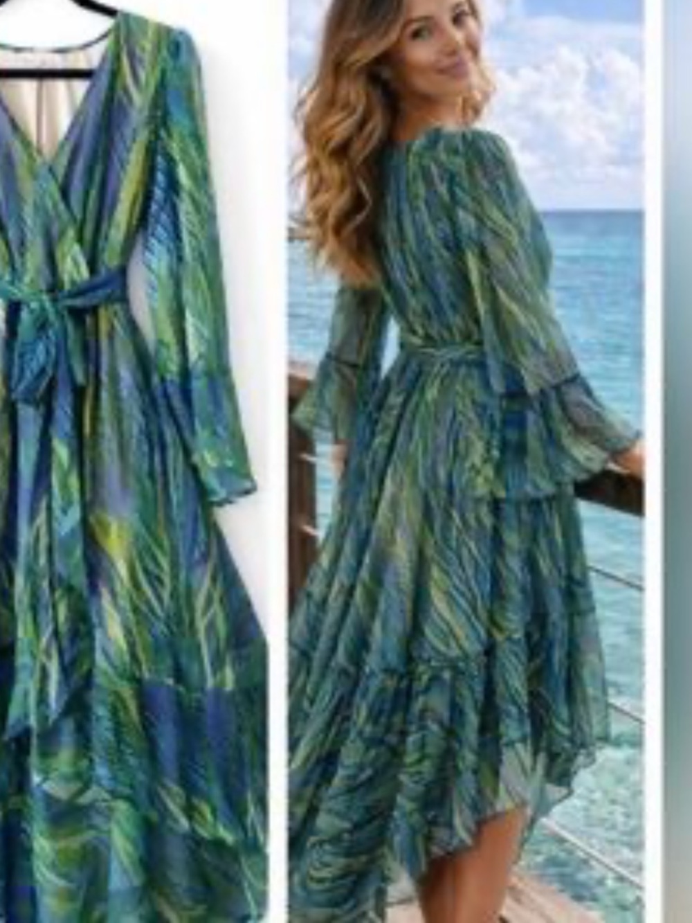 UNE AME BLUE GREEN LEAF TROPICAL PRINT FAUX WRAP HI-LOW MAXI DRESS SZ XL - Picture 13 of 13
